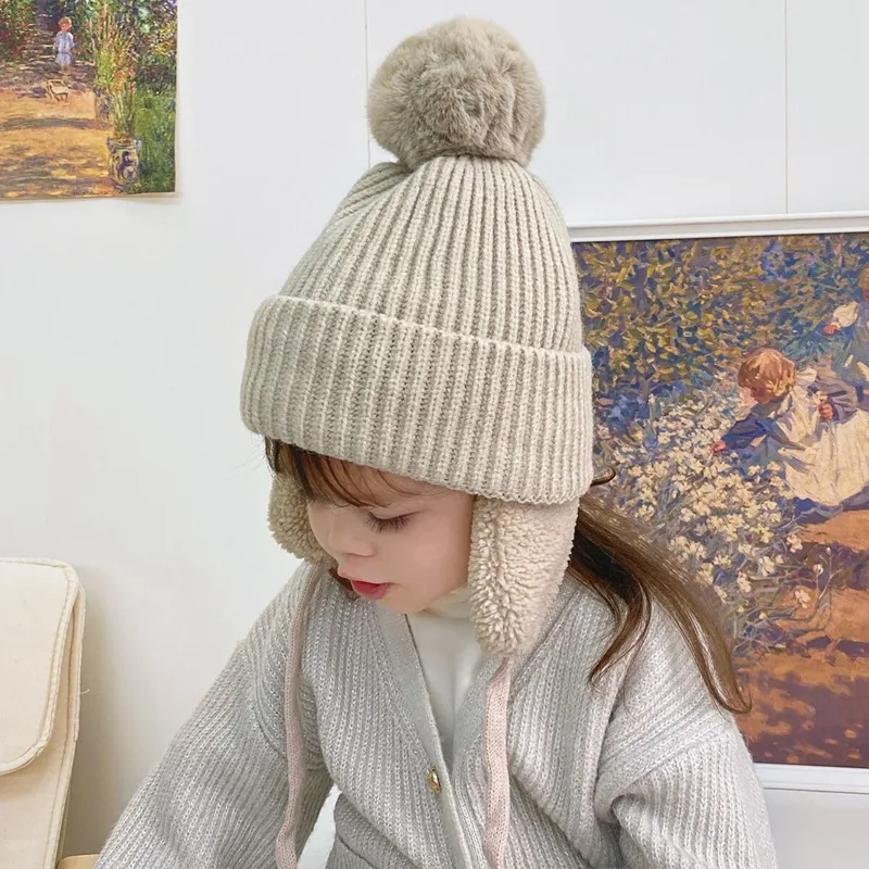 Children's Hat Autumn And Winter New Internet Popular  Fur Ball Wool Hat Fleece-lined Ear Protection Warm Knitted Hat Baby Hat display picture 1