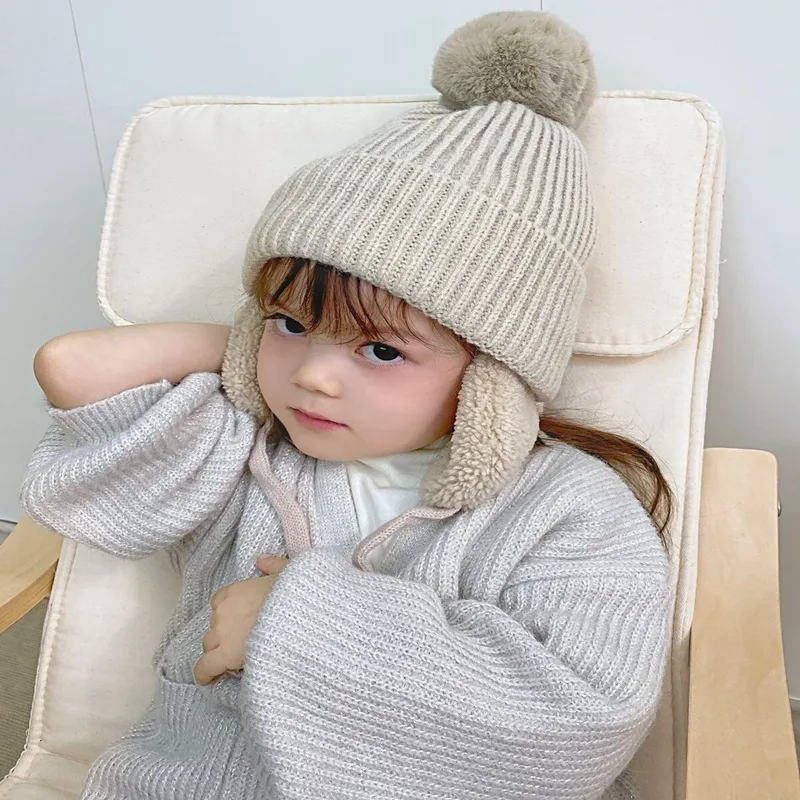 Children's Hat Autumn And Winter New Internet Popular  Fur Ball Wool Hat Fleece-lined Ear Protection Warm Knitted Hat Baby Hat display picture 2