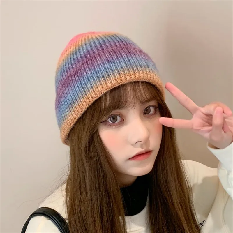 New Rainbow Thickened Tie-Dye Hat  Korean Autumn And Winter Gradual Color Wool Hat Women's Warm Ear Protection Cold Hat For Women display picture 6