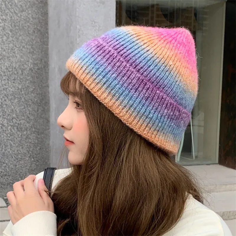 New Rainbow Thickened Tie-Dye Hat  Korean Autumn And Winter Gradual Color Wool Hat Women's Warm Ear Protection Cold Hat For Women display picture 8