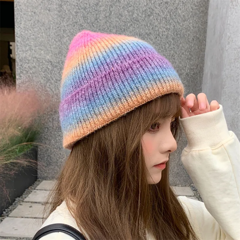 New Rainbow Thickened Tie-Dye Hat  Korean Autumn And Winter Gradual Color Wool Hat Women's Warm Ear Protection Cold Hat For Women display picture 9