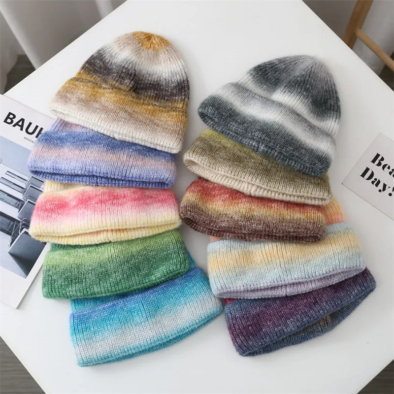 New Rainbow Thickened Tie-Dye Hat  Korean Autumn And Winter Gradual Color Wool Hat Women's Warm Ear Protection Cold Hat For Women display picture 11