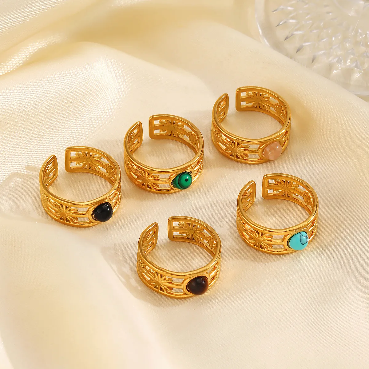 Wholesale Jewelry IG Style Simple Style Round 304 Stainless Steel Malachite Turquoise Tiger Eye 18K Gold Plated Plating Inlay Open Rings display picture 3