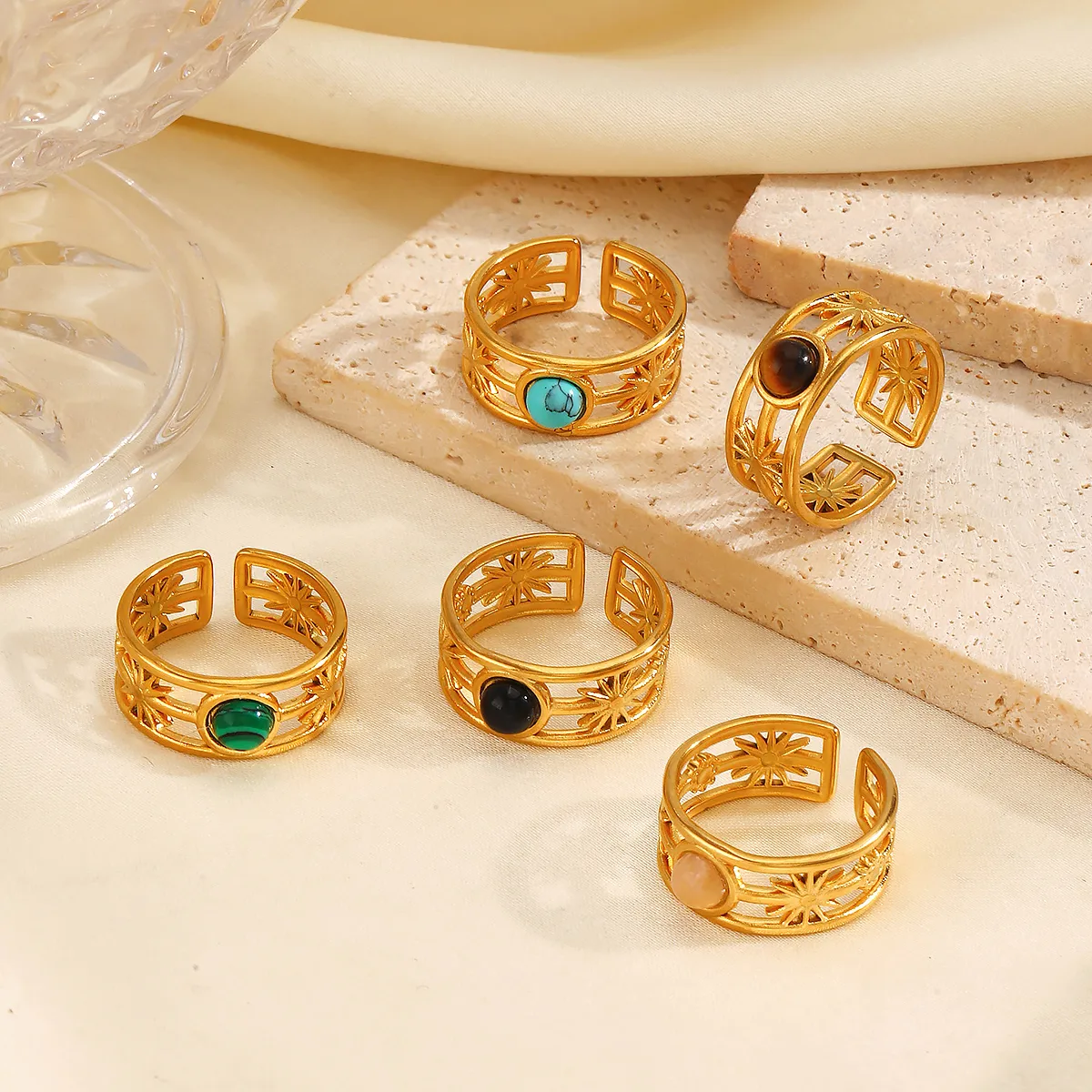 Wholesale Jewelry IG Style Simple Style Round 304 Stainless Steel Malachite Turquoise Tiger Eye 18K Gold Plated Plating Inlay Open Rings display picture 4
