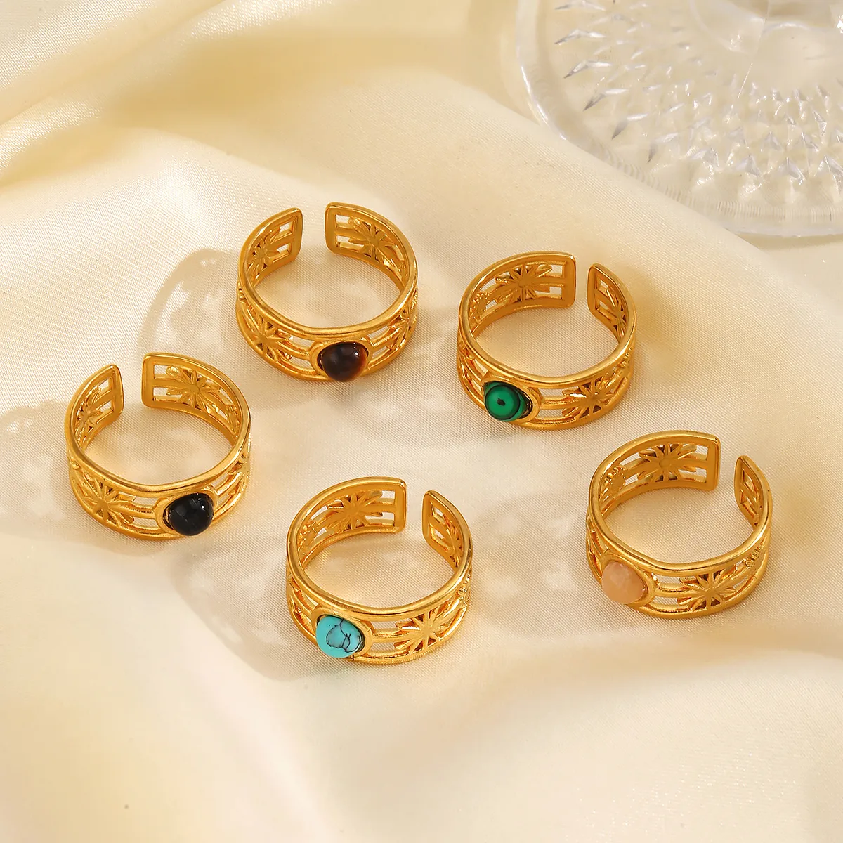 Wholesale Jewelry IG Style Simple Style Round 304 Stainless Steel Malachite Turquoise Tiger Eye 18K Gold Plated Plating Inlay Open Rings display picture 2