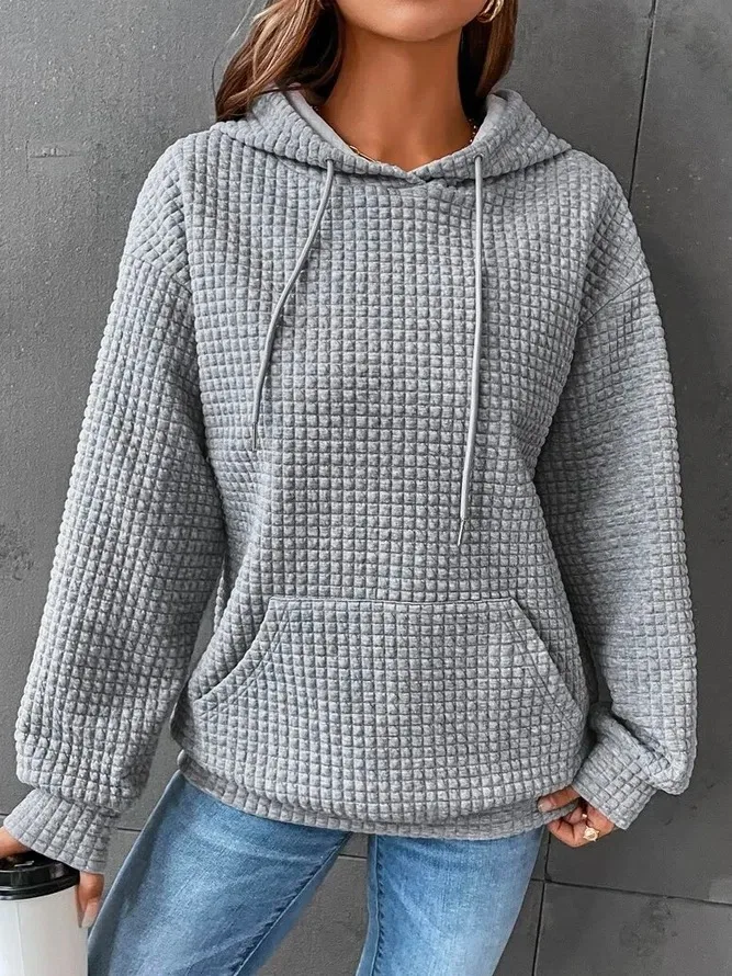 Women's Long Sleeve Solid Color Hoodie Autumn And Winter European Style Fashion Casual Set Small Plaid Pattern With Pockets display picture 6