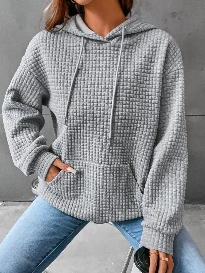 Women's Long Sleeve Solid Color Hoodie Autumn And Winter European Style Fashion Casual Set Small Plaid Pattern With Pockets display picture 7