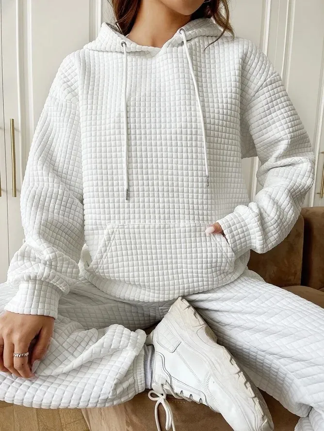 Women's Long Sleeve Solid Color Hoodie Autumn And Winter European Style Fashion Casual Set Small Plaid Pattern With Pockets display picture 9
