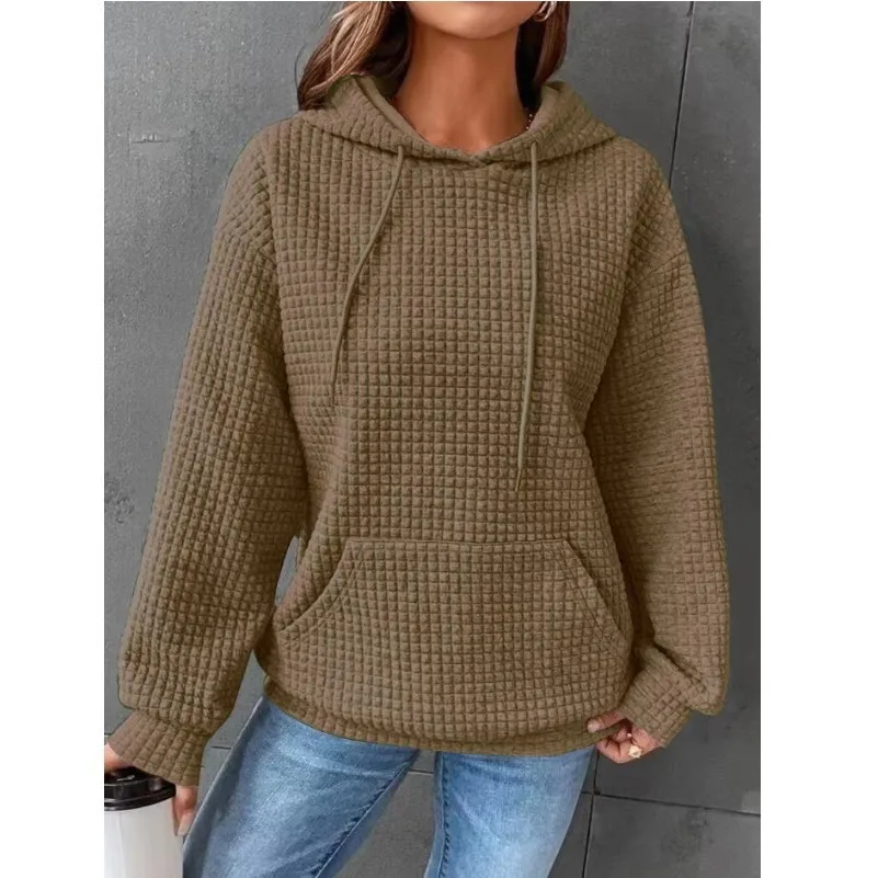 Women's Long Sleeve Solid Color Hoodie Autumn And Winter European Style Fashion Casual Set Small Plaid Pattern With Pockets display picture 18