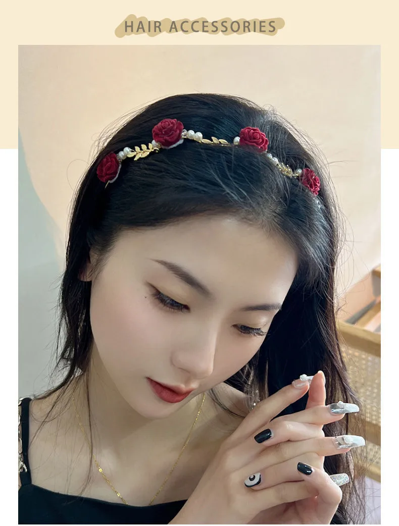 Rose Pearl Headband Summer French Retro High-end Sense Hair Clip Headwear Niche Design Pressure Hair High Cranial Top Hair Accessories display picture 1