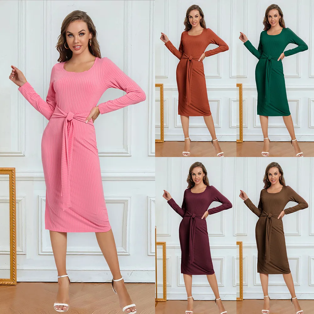 Solid Color Long Sleeve Dress Women Mid-Length Dress Dress Split High Waist Slim Fit Style Macaron Color Design Polyester And Spandex Material display picture 1