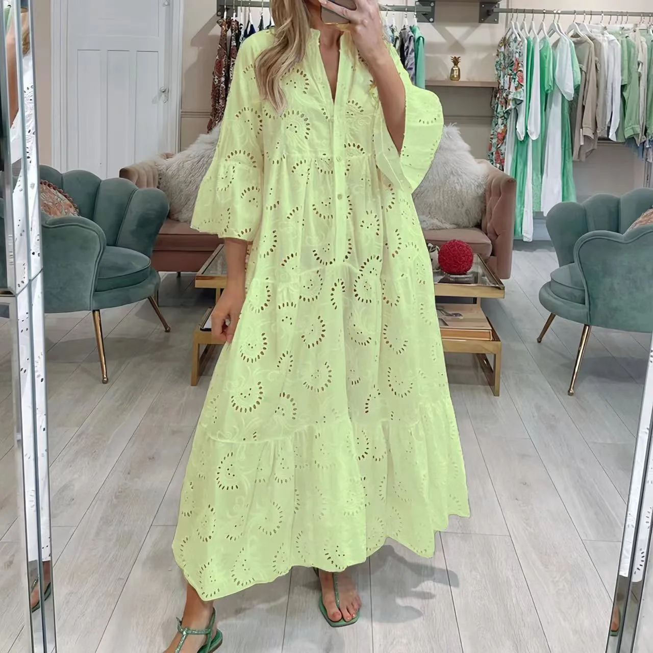 Elegant Long Lace Hollow Out Flare Sleeve V-neck Dress Women Summer Autumn French Style Sexy Solid Color Mid-Length Dress Dress display picture 4