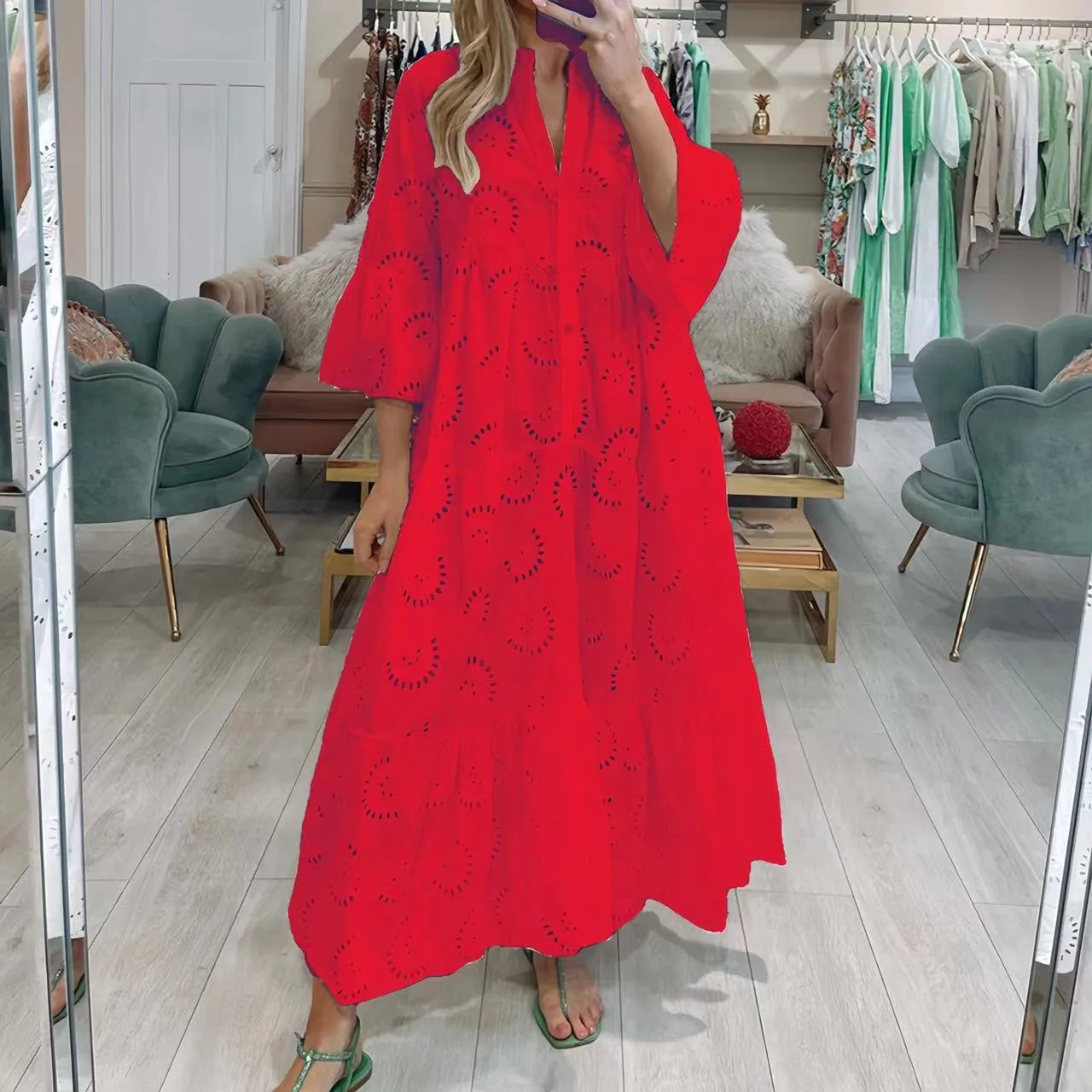 Elegant Long Lace Hollow Out Flare Sleeve V-neck Dress Women Summer Autumn French Style Sexy Solid Color Mid-Length Dress Dress display picture 5