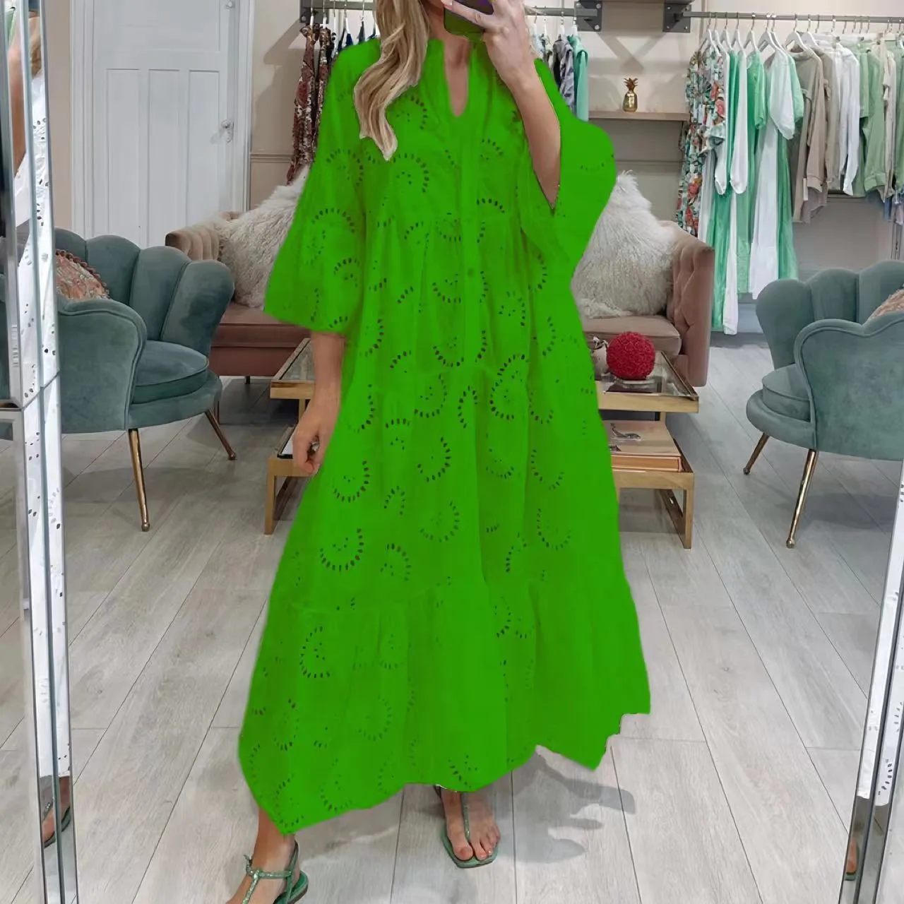 Elegant Long Lace Hollow Out Flare Sleeve V-neck Dress Women Summer Autumn French Style Sexy Solid Color Mid-Length Dress Dress display picture 6