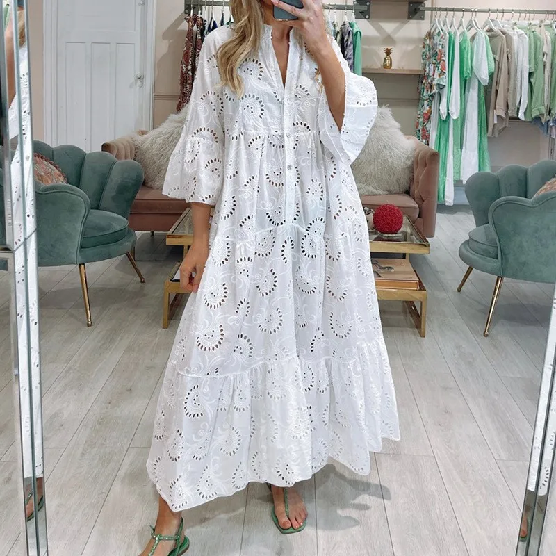 Elegant Long Lace Hollow Out Flare Sleeve V-neck Dress Women Summer Autumn French Style Sexy Solid Color Mid-Length Dress Dress display picture 2