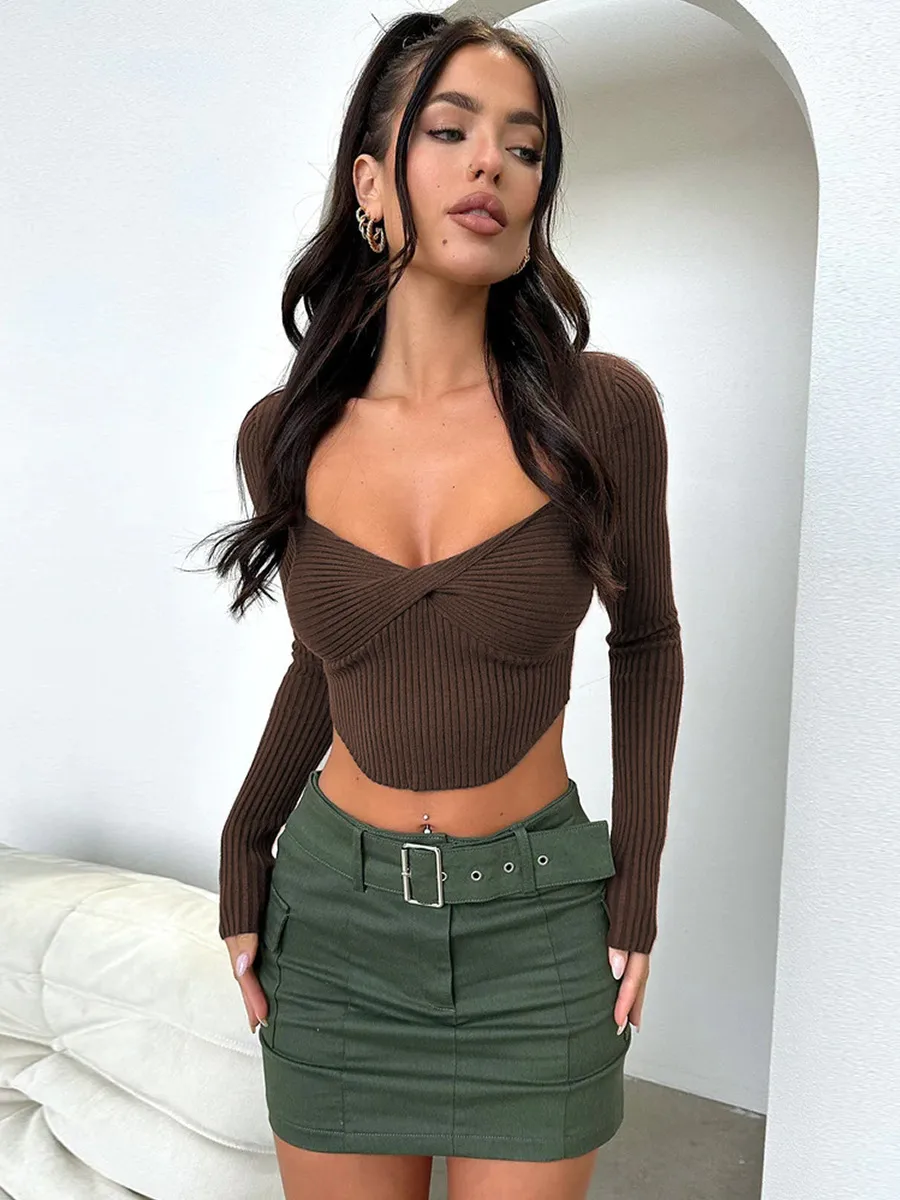 Designed Autumn New Hot Girl T-shirt Sweater Thread Bm Top Hot Girl Sexy V-neck Long-sleeved Shirt Y2g Inner Wear display picture 6