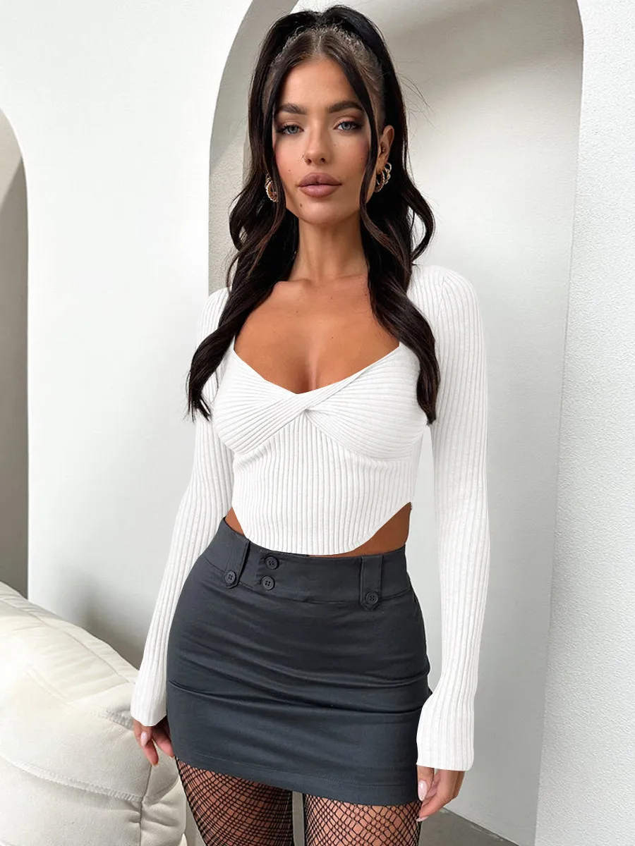 Designed Autumn New Hot Girl T-shirt Sweater Thread Bm Top Hot Girl Sexy V-neck Long-sleeved Shirt Y2g Inner Wear display picture 14
