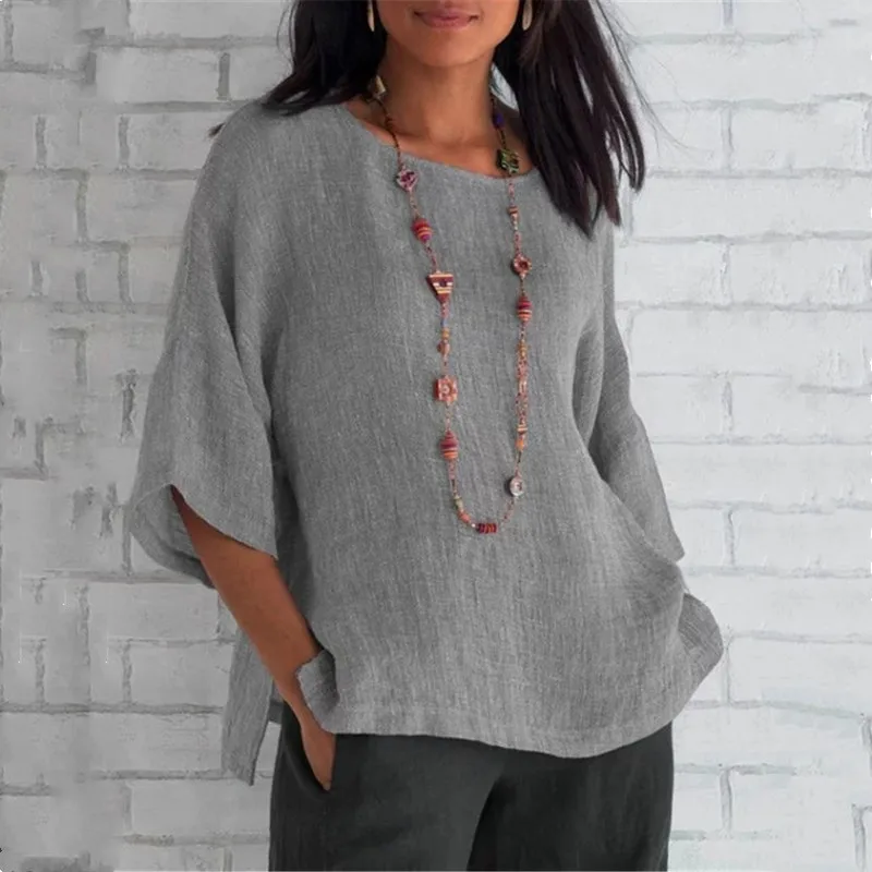 Wish Eaby  New Fashion Women's Seven-point Sleeve Round Neck Cotton Linen Shirt Top Spot display picture 5