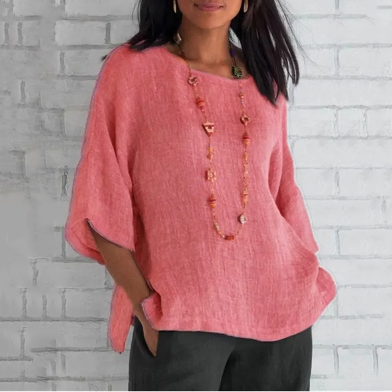 Wish Eaby  New Fashion Women's Seven-point Sleeve Round Neck Cotton Linen Shirt Top Spot display picture 8