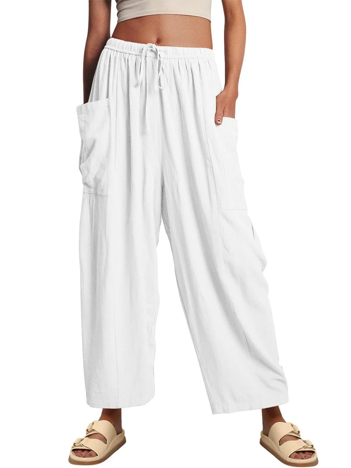 Spring And Summer  Europe And The United States Elastic Waist Pleated Waist Straight Pants Loose Casual Cotton And Linen Pants display picture 11