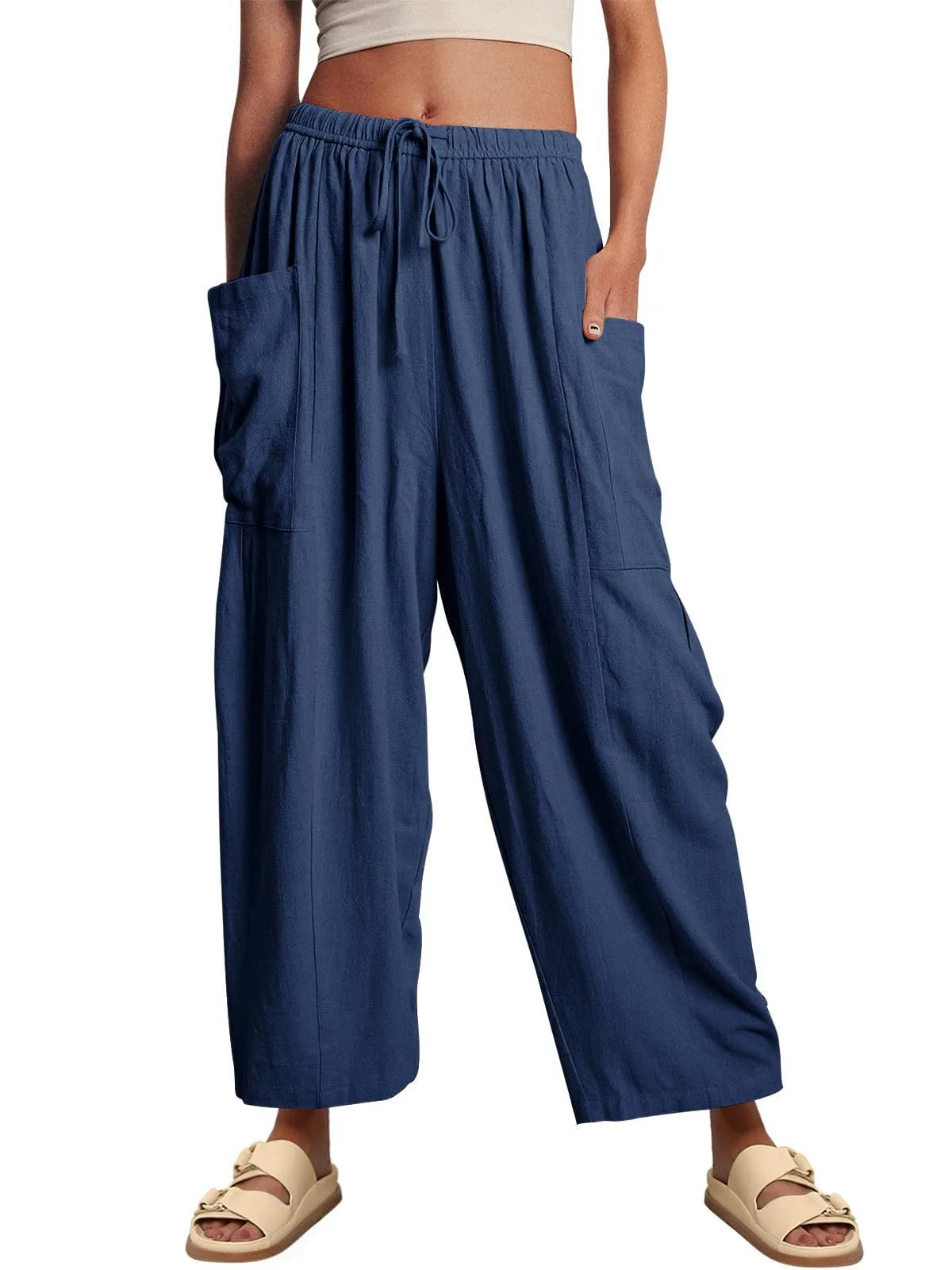 Spring And Summer  Europe And The United States Elastic Waist Pleated Waist Straight Pants Loose Casual Cotton And Linen Pants display picture 4