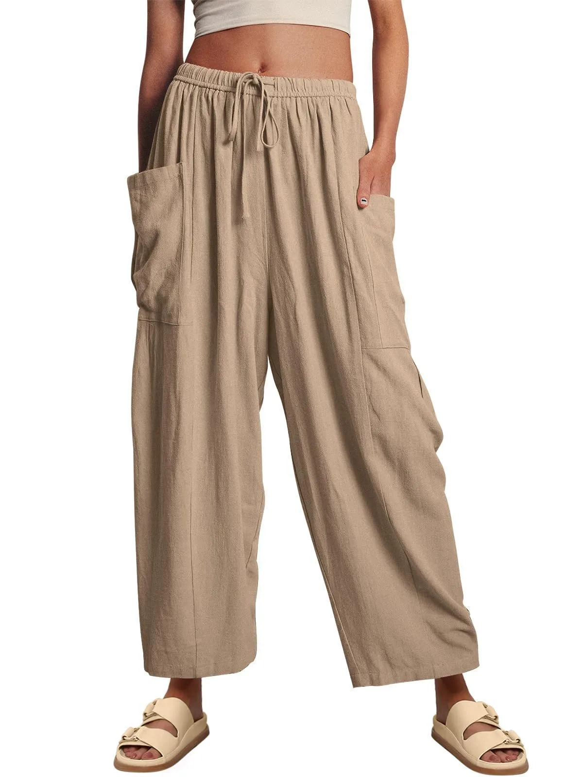 Spring And Summer  Europe And The United States Elastic Waist Pleated Waist Straight Pants Loose Casual Cotton And Linen Pants display picture 10