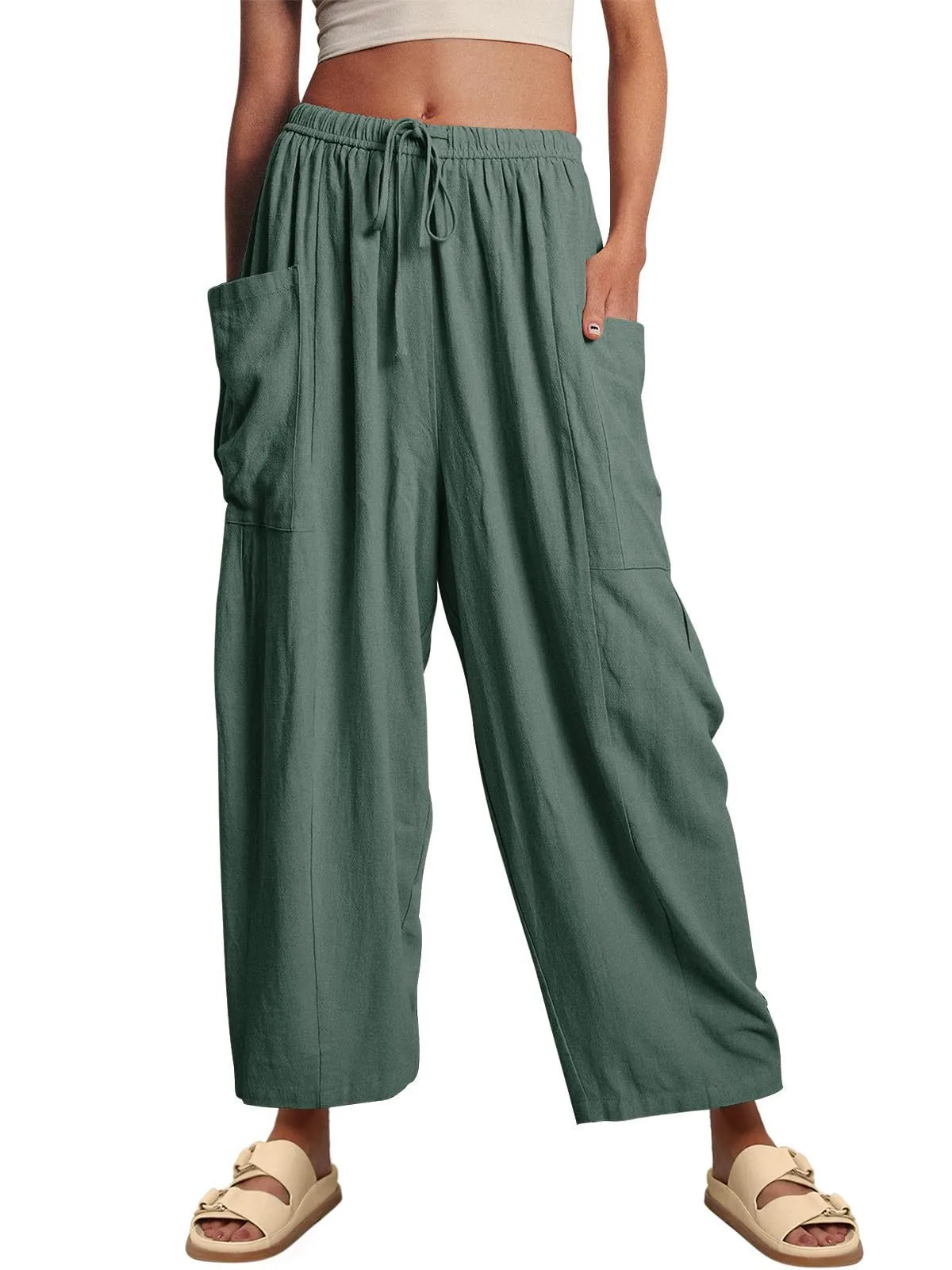 Spring And Summer  Europe And The United States Elastic Waist Pleated Waist Straight Pants Loose Casual Cotton And Linen Pants display picture 9