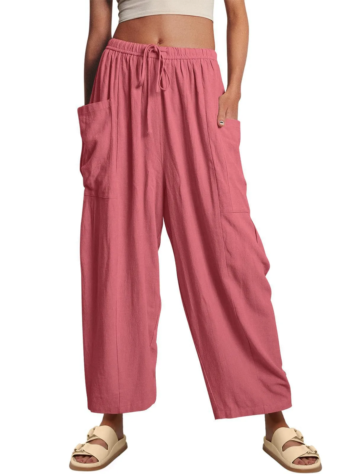 Spring And Summer  Europe And The United States Elastic Waist Pleated Waist Straight Pants Loose Casual Cotton And Linen Pants display picture 13