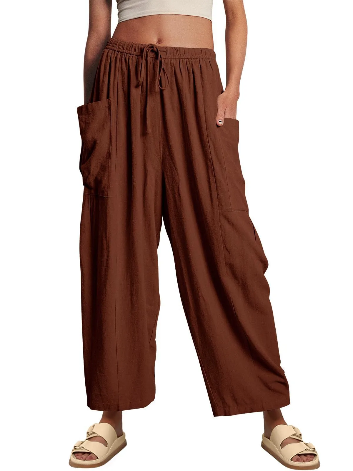 Spring And Summer  Europe And The United States Elastic Waist Pleated Waist Straight Pants Loose Casual Cotton And Linen Pants display picture 12