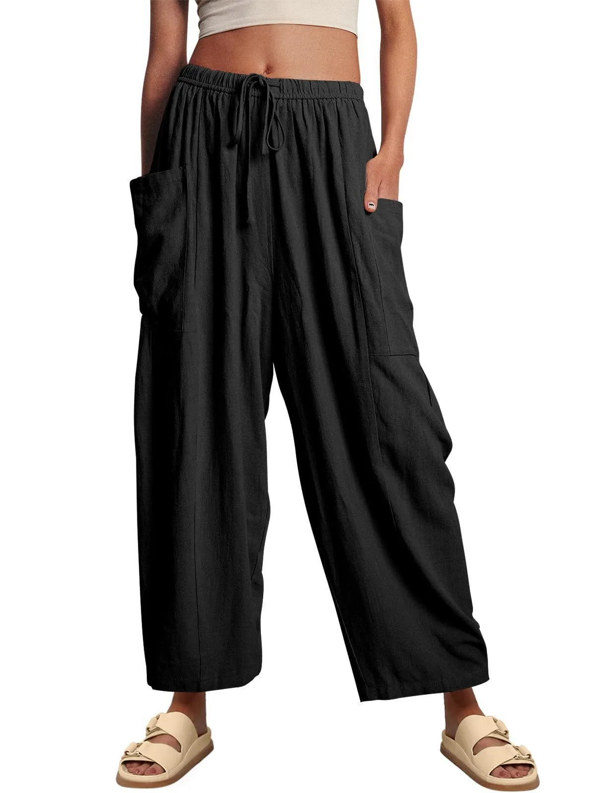 Spring And Summer  Europe And The United States Elastic Waist Pleated Waist Straight Pants Loose Casual Cotton And Linen Pants display picture 3