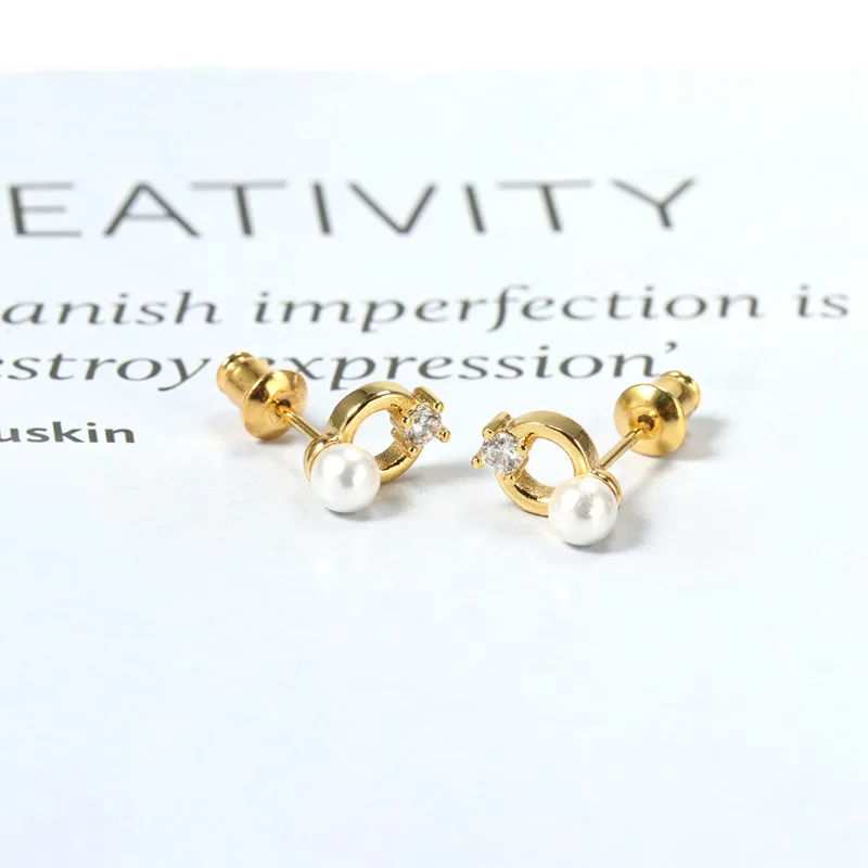 1 Pair IG Style Simple Style Round Plating Inlay Copper Pearl Zircon 18K Gold Plated Ear Studs display picture 3