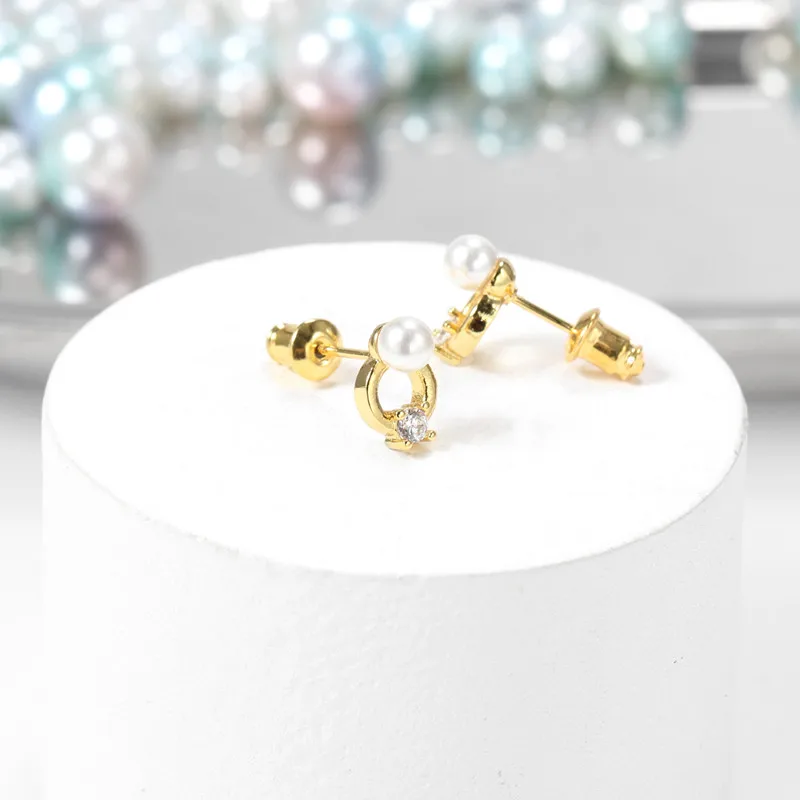 1 Pair IG Style Simple Style Round Plating Inlay Copper Pearl Zircon 18K Gold Plated Ear Studs display picture 1