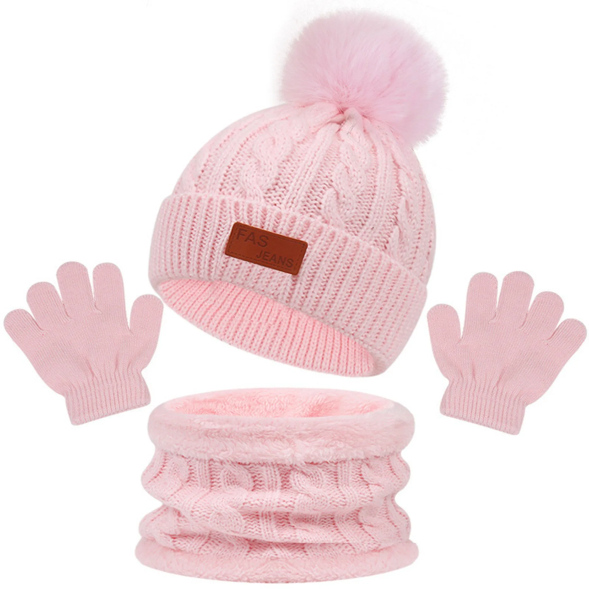 Autumn And Winter Children's Warm Knitted Hat Scarf Gloves Three-piece Set Baby Outdoor Cold-proof Wool Hat Three Pieces display picture 3