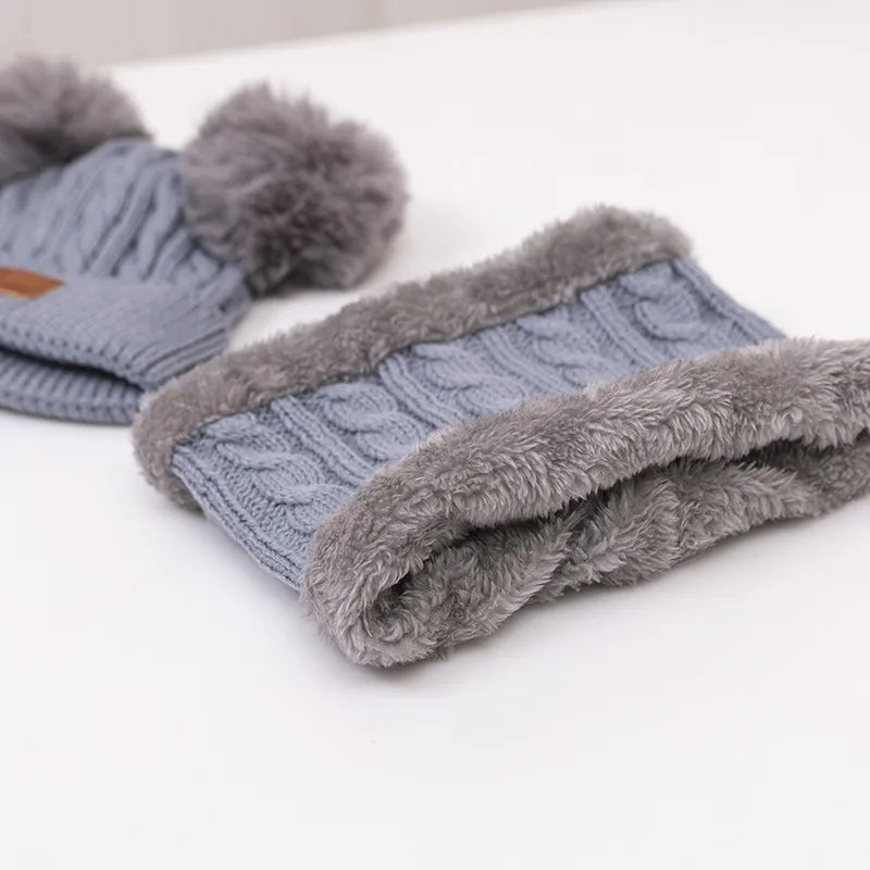 Double-ball Children's Knitted Hat Scarf Two-piece Set Winter Warm  Children's Wool Hat With Velvet Scarf display picture 5