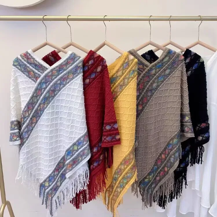 Rainbow Plaid Ethnic Style Cashmere-like Tassel Knitted Shawl For Women New Versatile Travel Warm Pullover Cape Manufacturer display picture 1