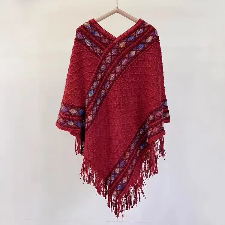 Rainbow Plaid Ethnic Style Cashmere-like Tassel Knitted Shawl For Women New Versatile Travel Warm Pullover Cape Manufacturer display picture 4
