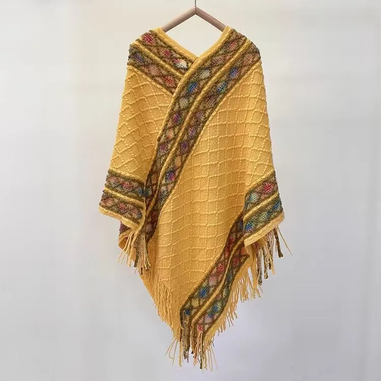 Rainbow Plaid Ethnic Style Cashmere-like Tassel Knitted Shawl For Women New Versatile Travel Warm Pullover Cape Manufacturer display picture 5
