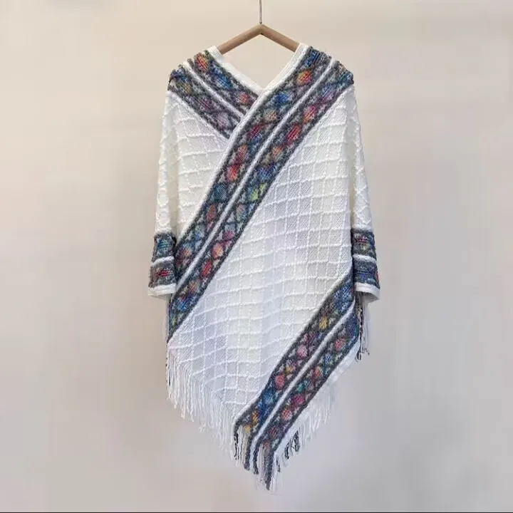 Rainbow Plaid Ethnic Style Cashmere-like Tassel Knitted Shawl For Women New Versatile Travel Warm Pullover Cape Manufacturer display picture 6