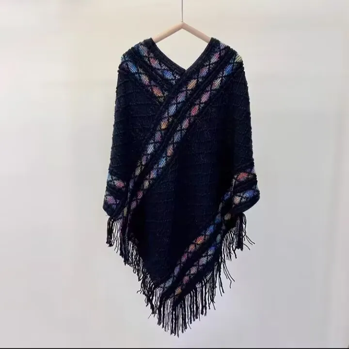 Rainbow Plaid Ethnic Style Cashmere-like Tassel Knitted Shawl For Women New Versatile Travel Warm Pullover Cape Manufacturer display picture 7
