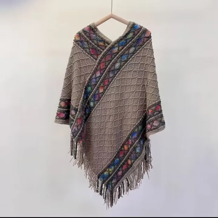 Rainbow Plaid Ethnic Style Cashmere-like Tassel Knitted Shawl For Women New Versatile Travel Warm Pullover Cape Manufacturer display picture 8