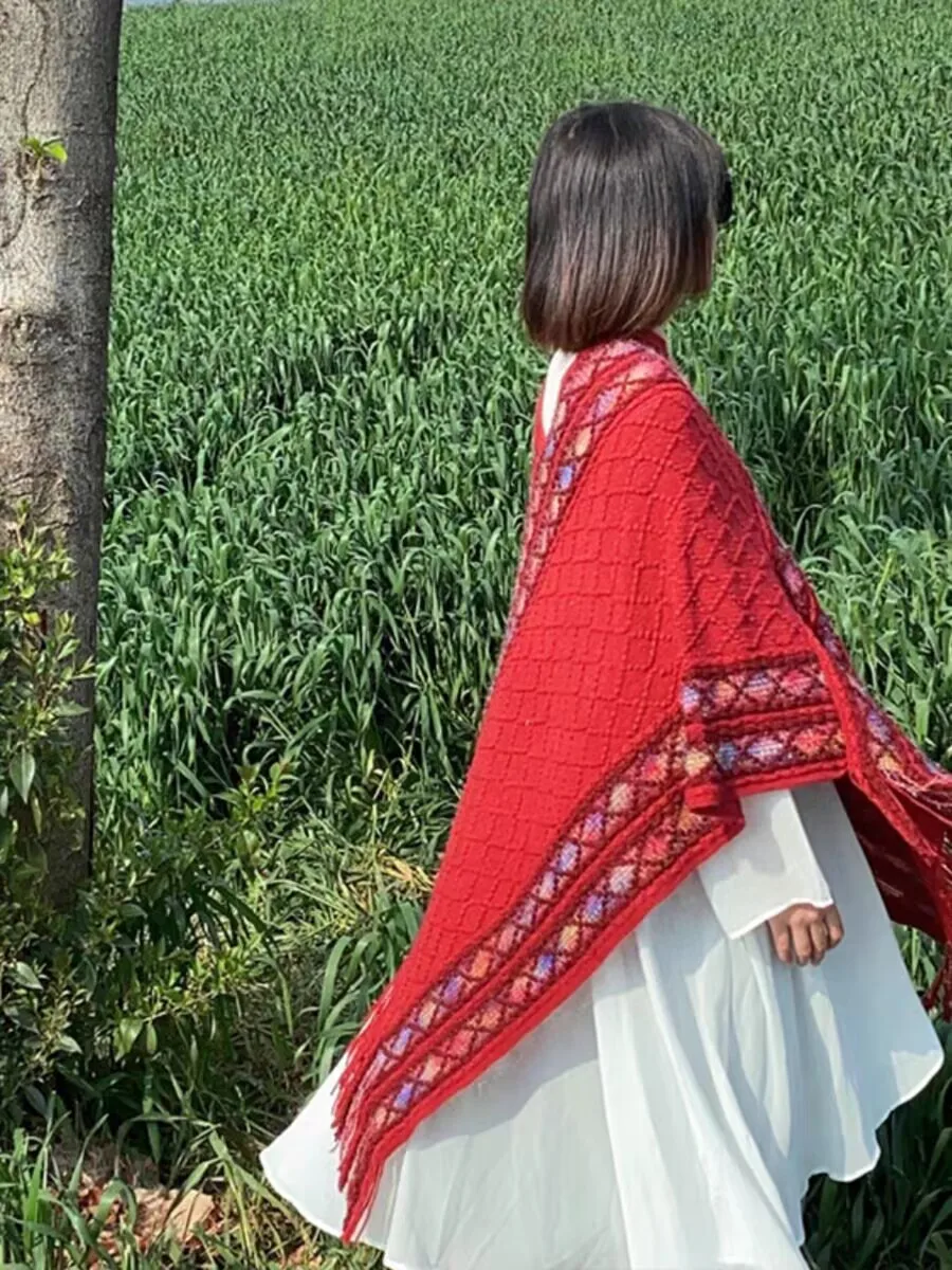 Rainbow Plaid Ethnic Style Cashmere-like Tassel Knitted Shawl For Women New Versatile Travel Warm Pullover Cape Manufacturer display picture 9