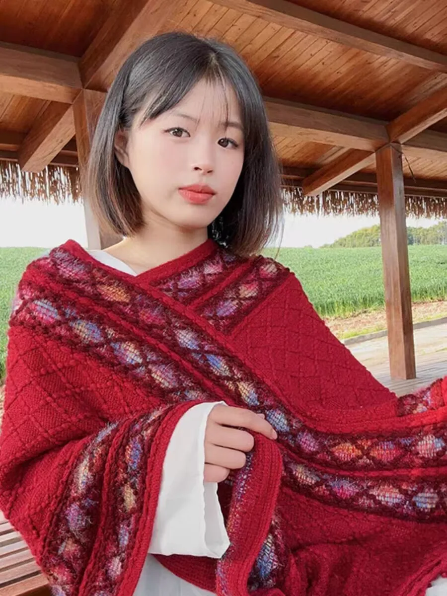 Rainbow Plaid Ethnic Style Cashmere-like Tassel Knitted Shawl For Women New Versatile Travel Warm Pullover Cape Manufacturer display picture 10