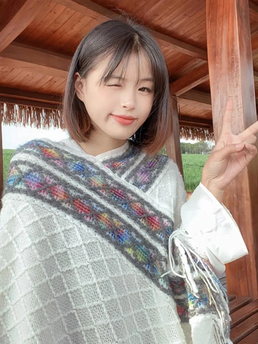 Rainbow Plaid Ethnic Style Cashmere-like Tassel Knitted Shawl For Women New Versatile Travel Warm Pullover Cape Manufacturer display picture 12