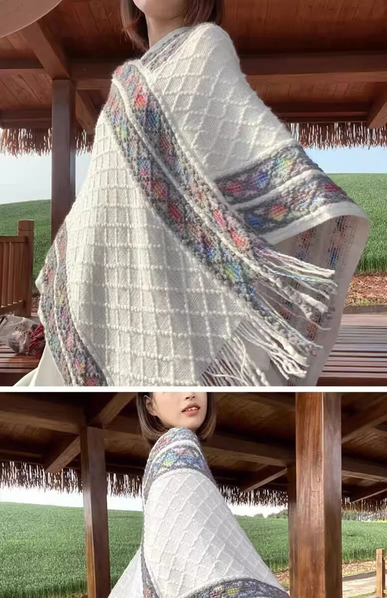 Rainbow Plaid Ethnic Style Cashmere-like Tassel Knitted Shawl For Women New Versatile Travel Warm Pullover Cape Manufacturer display picture 14