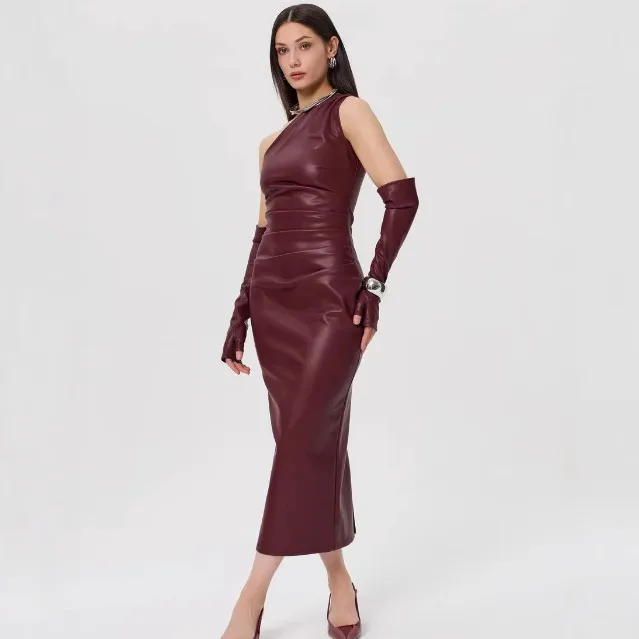 Women's Hip Skirt Streetwear Oblique Collar Sleeveless Solid Color Midi Dress Holiday display picture 9