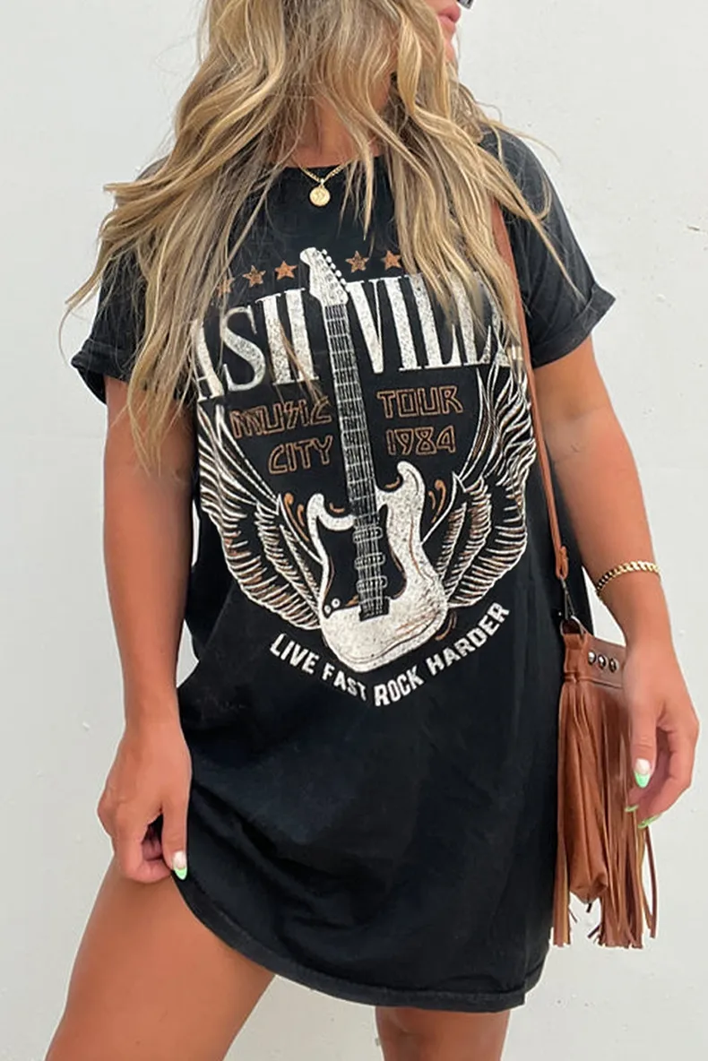 Women's T Shirt Dress Casual Round Neck Short Sleeve Guitar Letter Wings Above Knee Daily display picture 1