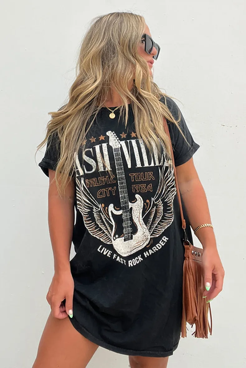 Women's T Shirt Dress Casual Round Neck Short Sleeve Guitar Letter Wings Above Knee Daily display picture 2