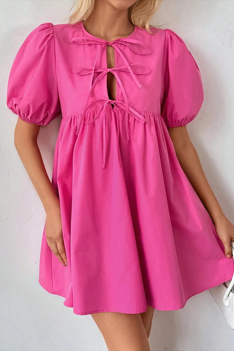 Women's T Shirt Dress Casual Elegant Round Neck Bowknot Short Sleeve Solid Color Above Knee Daily display picture 1