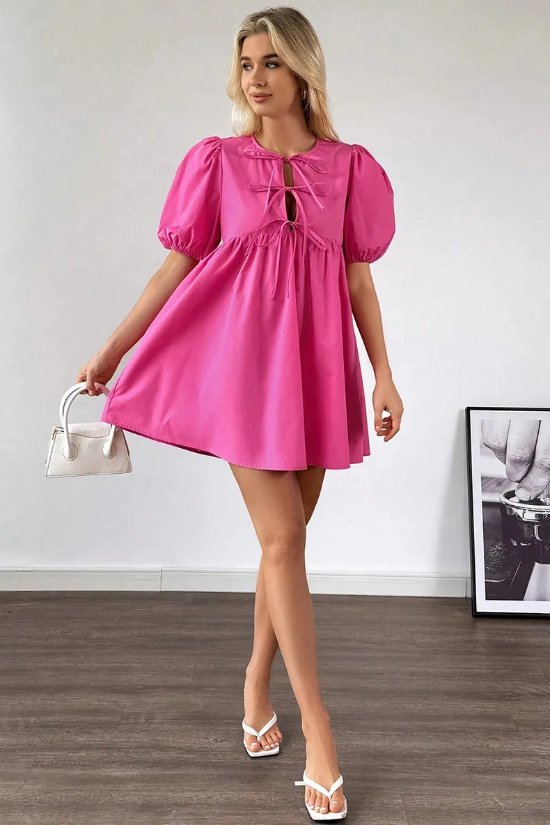 Women's T Shirt Dress Casual Elegant Round Neck Bowknot Short Sleeve Solid Color Above Knee Daily display picture 2