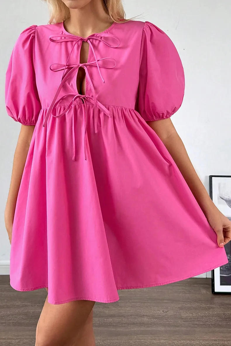 Women's T Shirt Dress Casual Elegant Round Neck Bowknot Short Sleeve Solid Color Above Knee Daily display picture 3